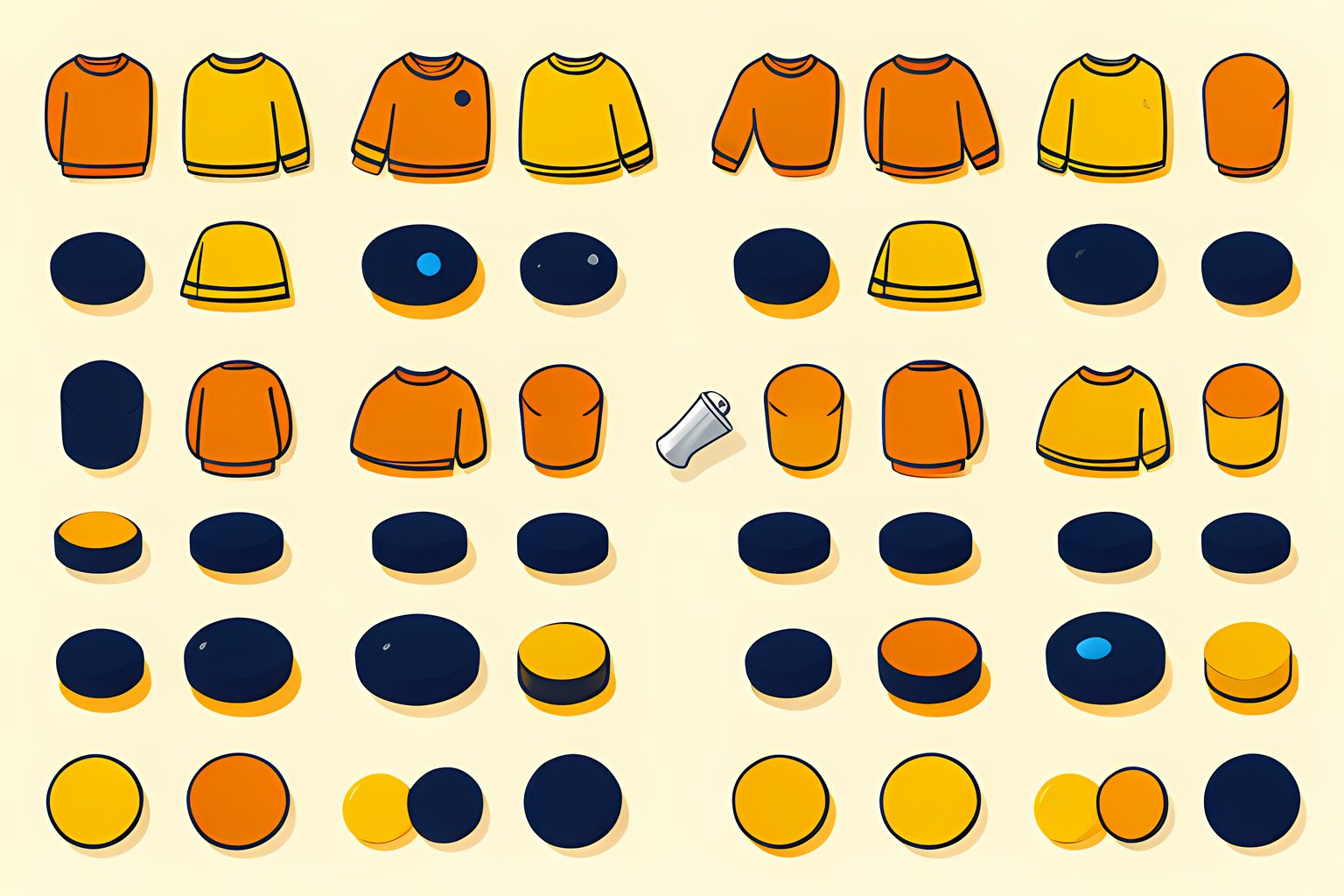 A text-free, person-free repeating pattern of blank sewn hockey-sweater patches and black pucks, interrupted by one small silver referee whistle on a warm cream background.