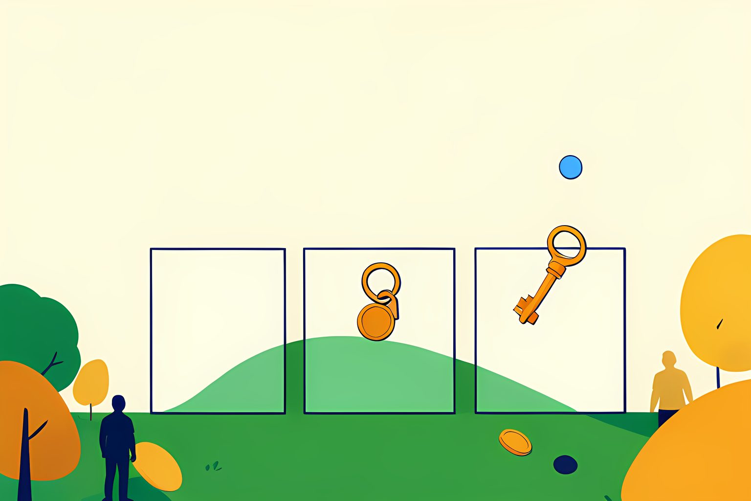 A text-free, person-free sunny financial-plumbing scene of three blank glass vault tiles connected by a forest-green path, with a small amber key ring, two unmarked coin-like discs and a tiny blue dot on a warm cream background.