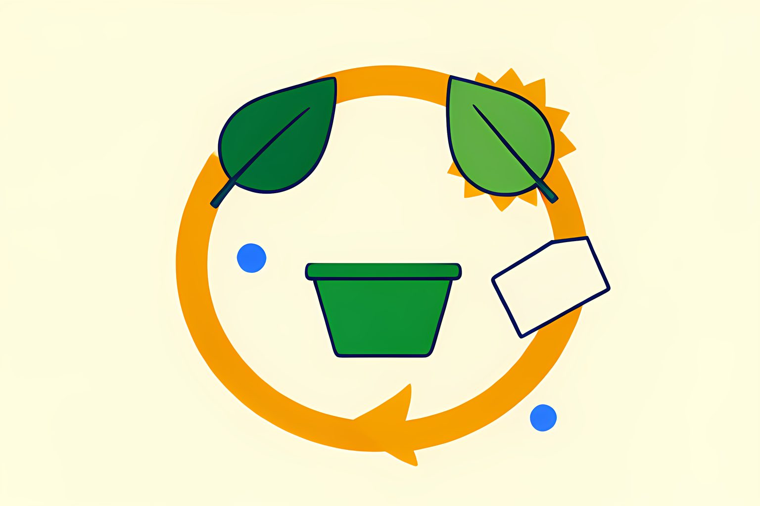 A text-free circular diagram of four seasonal shapes feeding into one bright central basket, with one small blank tile joining from the side.