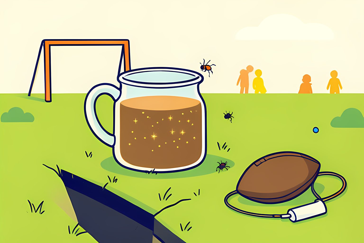 A plain glass jug of muddy brown water glowing softly on the grass beside a narrow ditch at the edge of a sunny practice field.