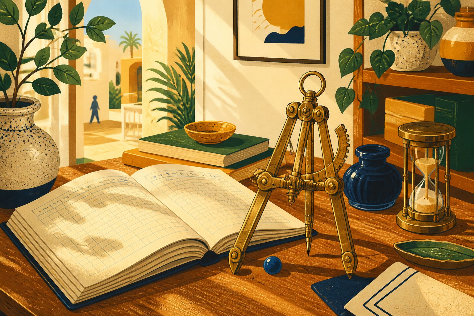 A warm stylized editorial scene of a golden brass calculation compass resting beside an open vintage ledger on a sunlit oak desk.