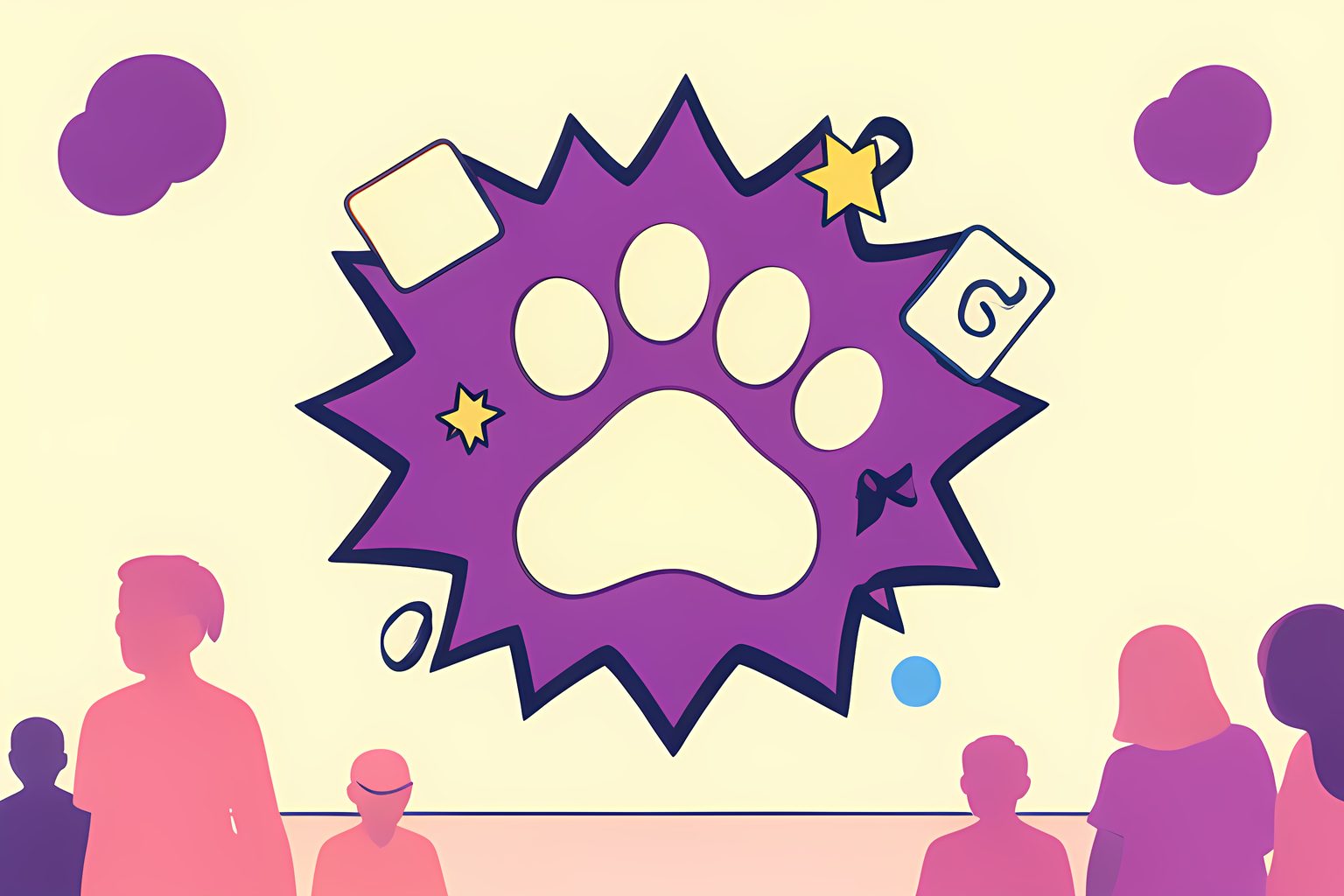 Stylized visual-metaphor illustration of a large blank dog paw print rising from a purple comic-style burst, surrounded by small glowing memory tiles on a warm cream background.