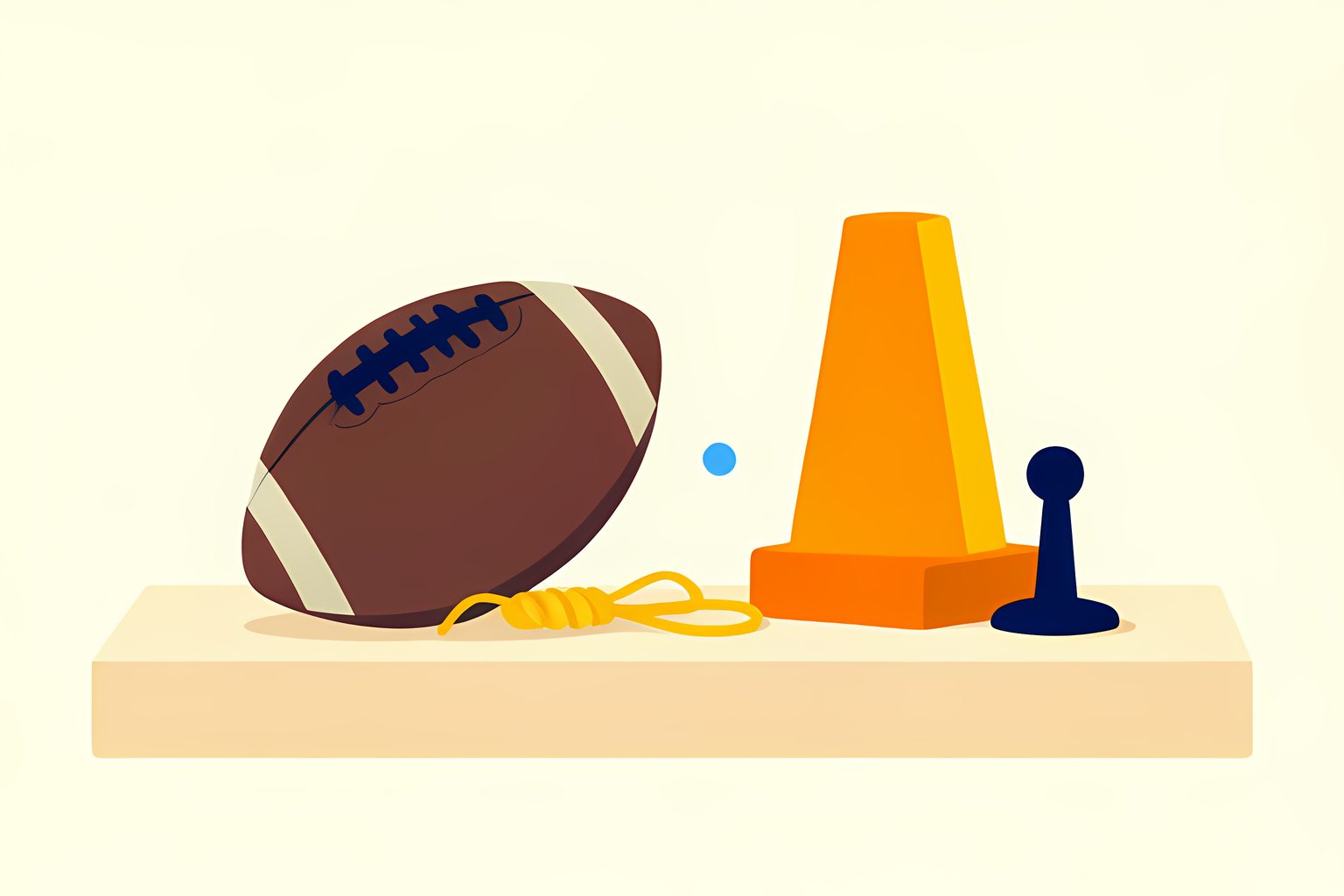 A text-free, person-free still life of an unbranded football, a loose golden shoelace loop and a blank orange pylon on a warm cream surface.