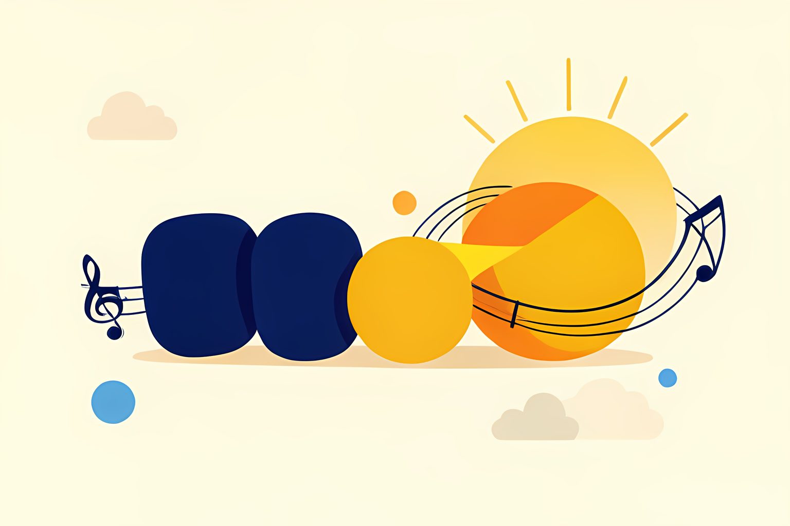 An abstract arrangement of five rounded blocks in a row, two of them leaning together against one large round shape, leaving a bright open lane where a small orange shape slips through toward a sunny horizon.
