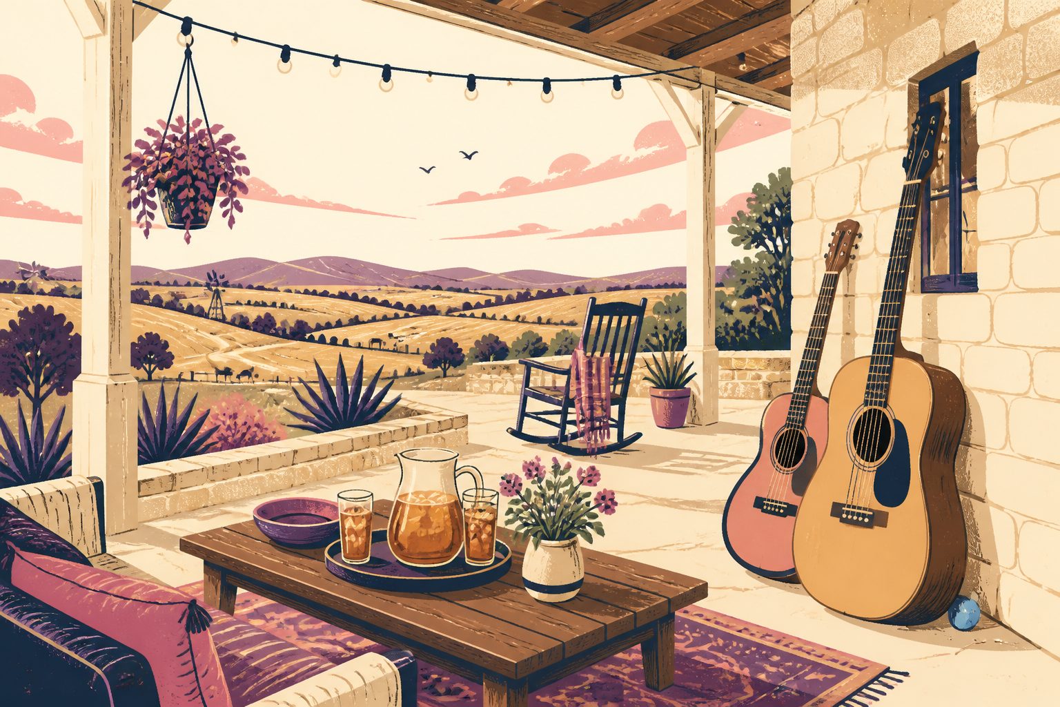Two vintage acoustic guitars resting against a sunlit limestone porch wall beside a glass pitcher of iced tea