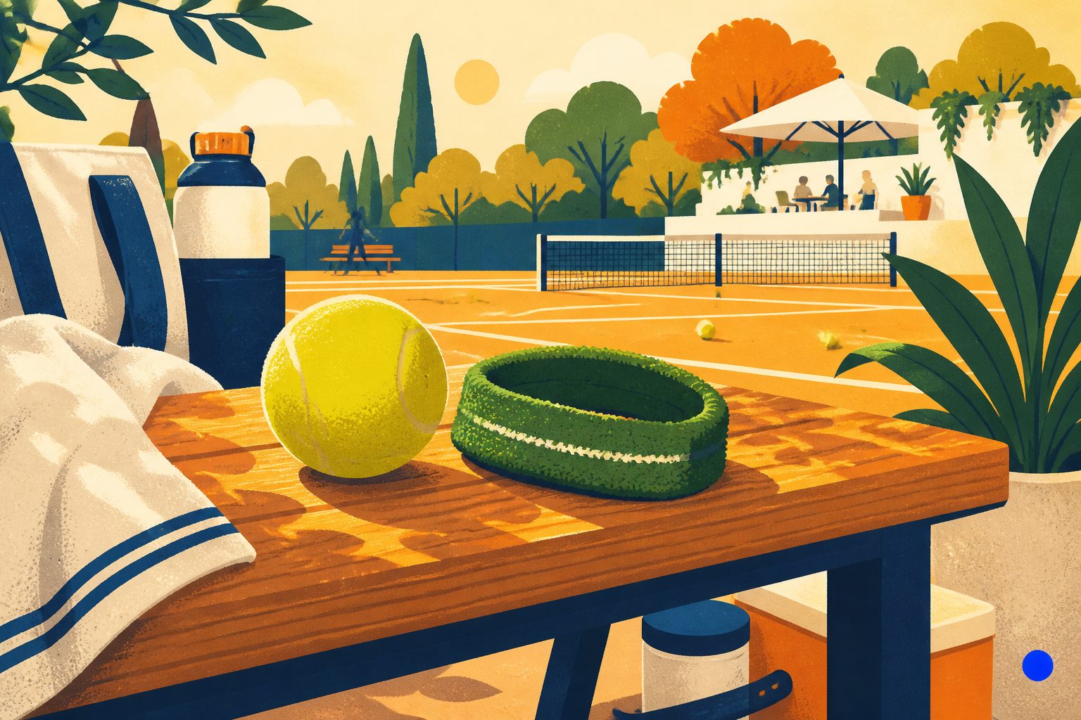 A warm still-life illustration featuring a stylized green wristband resting beside a tennis ball on a sunlit wooden bench with dog paw motifs.