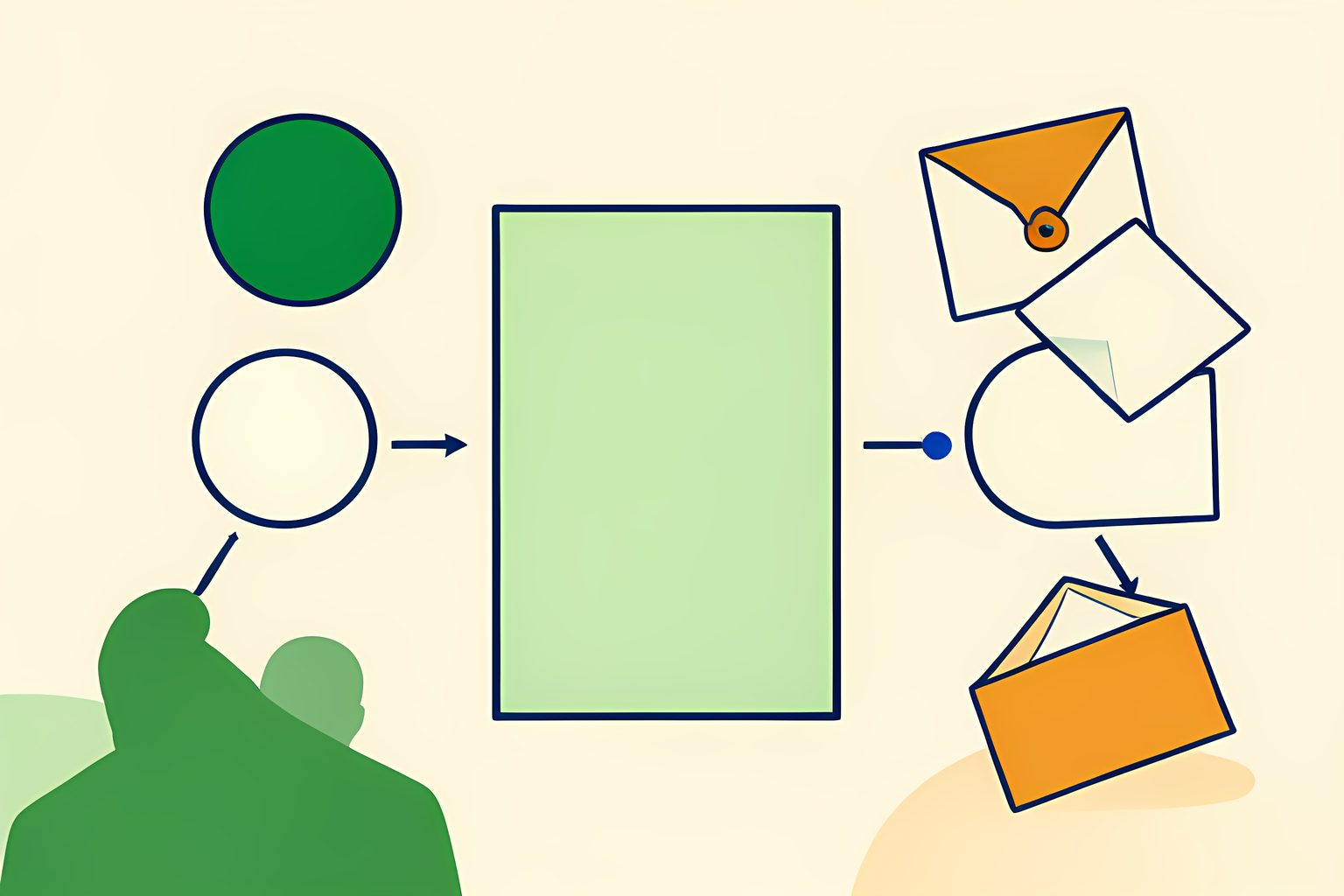 A bright text-free diagram of a central open doorway branching into blank state-shaped tiles and small unmarked envelopes on a cream background.
