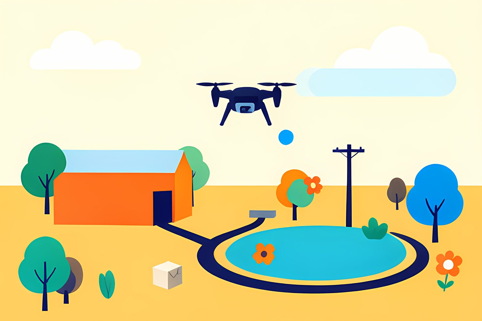 A small unbranded delivery drone follows a curved route from a simple warehouse roof to a clear garden landing circle in a sunny neighborhood.