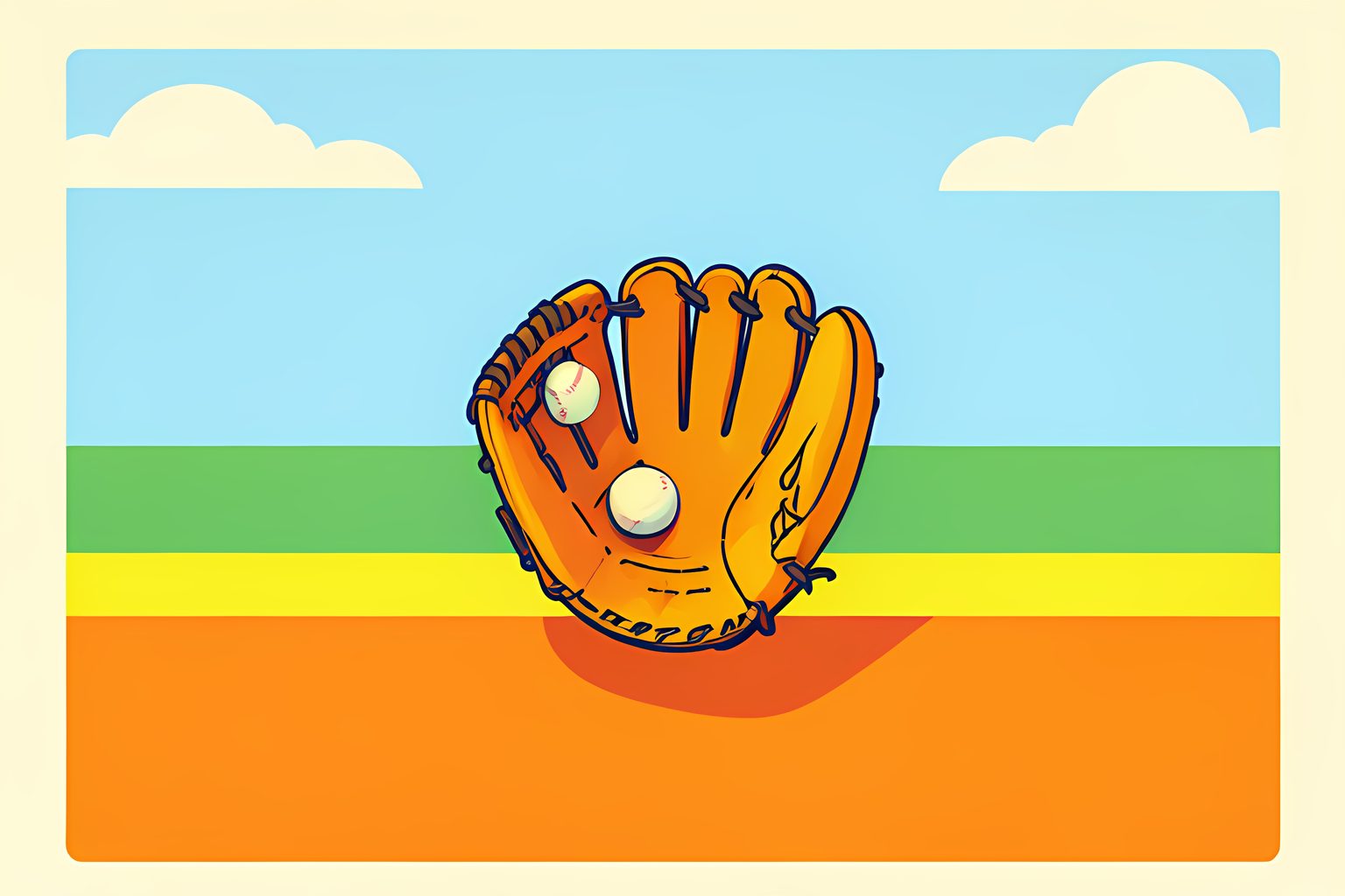 A worn outfielder's glove rests on top of a low sunlit outfield wall, a baseball tucked into the very tip of its webbing, with an empty green field beyond.
