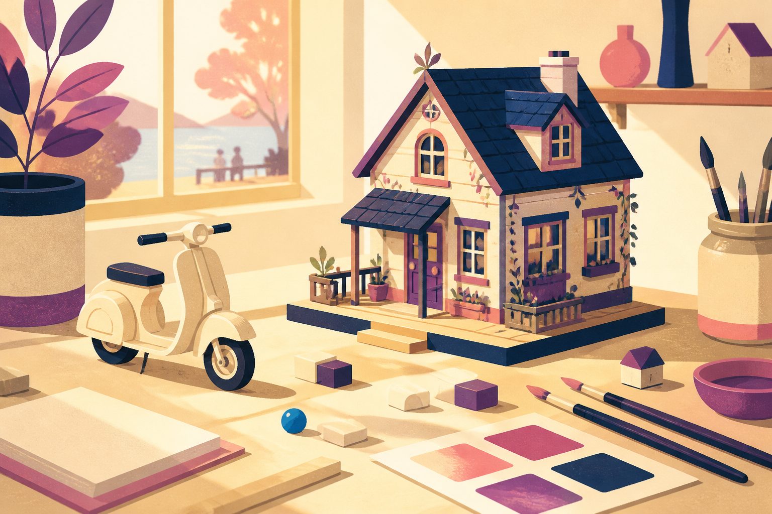 A person-free miniature house on a sunny worktable beside a worn toy scooter, swatches, brushes and a small blue bead.