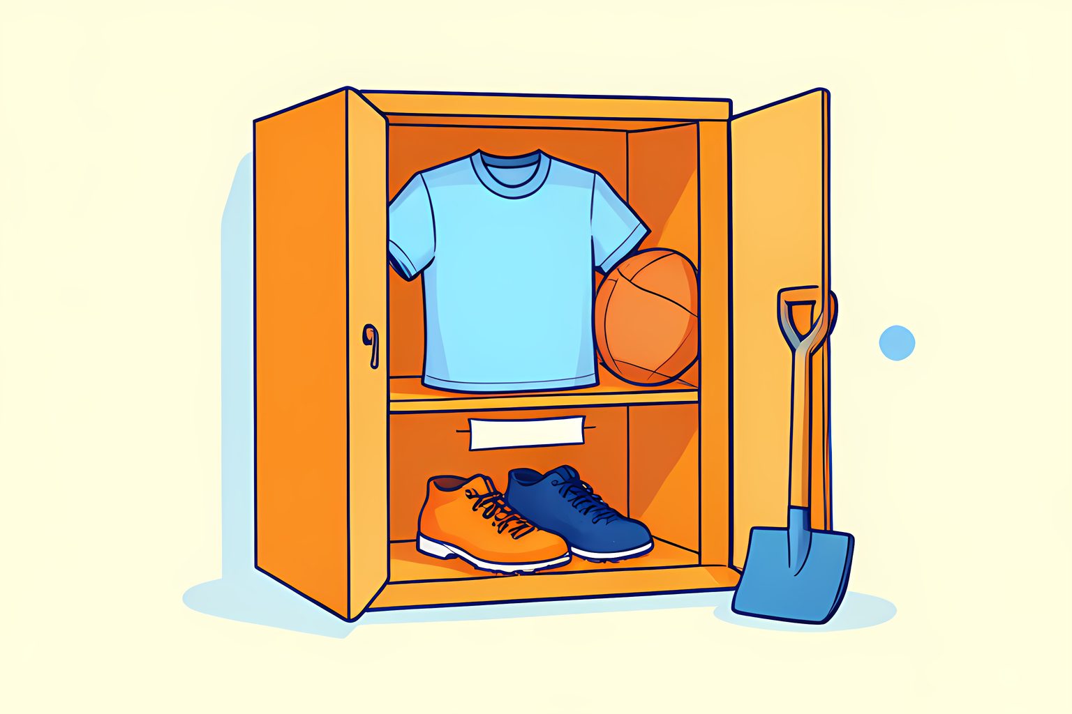 Flat editorial illustration of an open locker in warm morning light holding a folded jersey without markings and a football, with a thin blank strip of paper taped to the inside of the door and a small blue dot on the locker shelf.