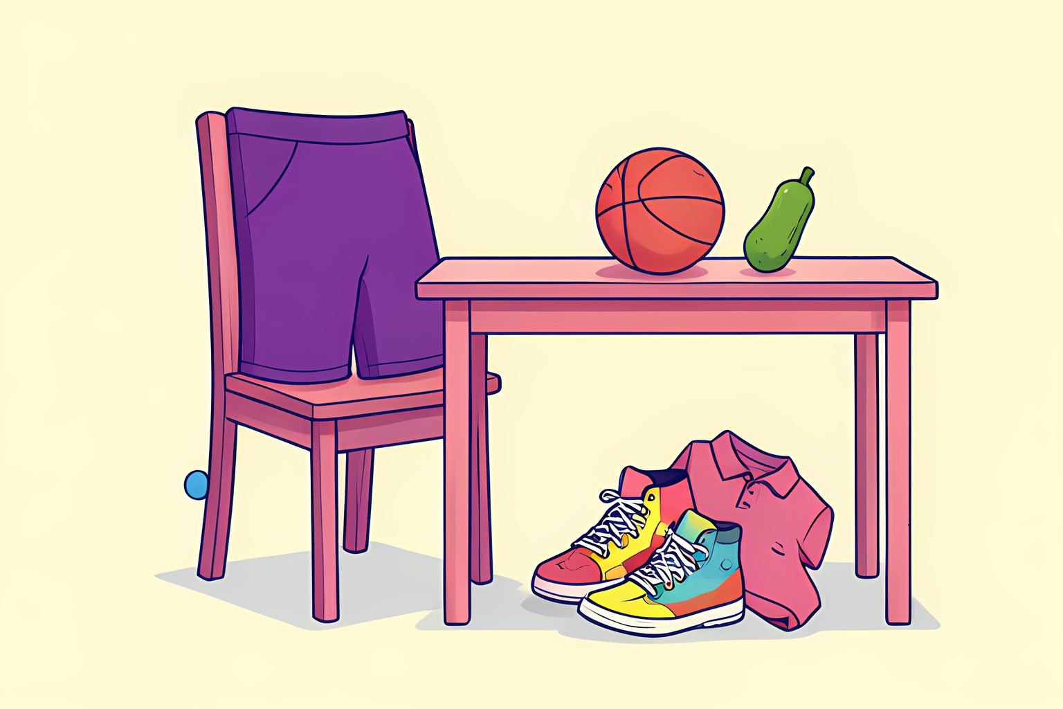 A bright, stylized person-free still life of extra-long blank basketball shorts draped over a chair beside colorful unbranded sneakers and a basketball on a sunlit court floor.