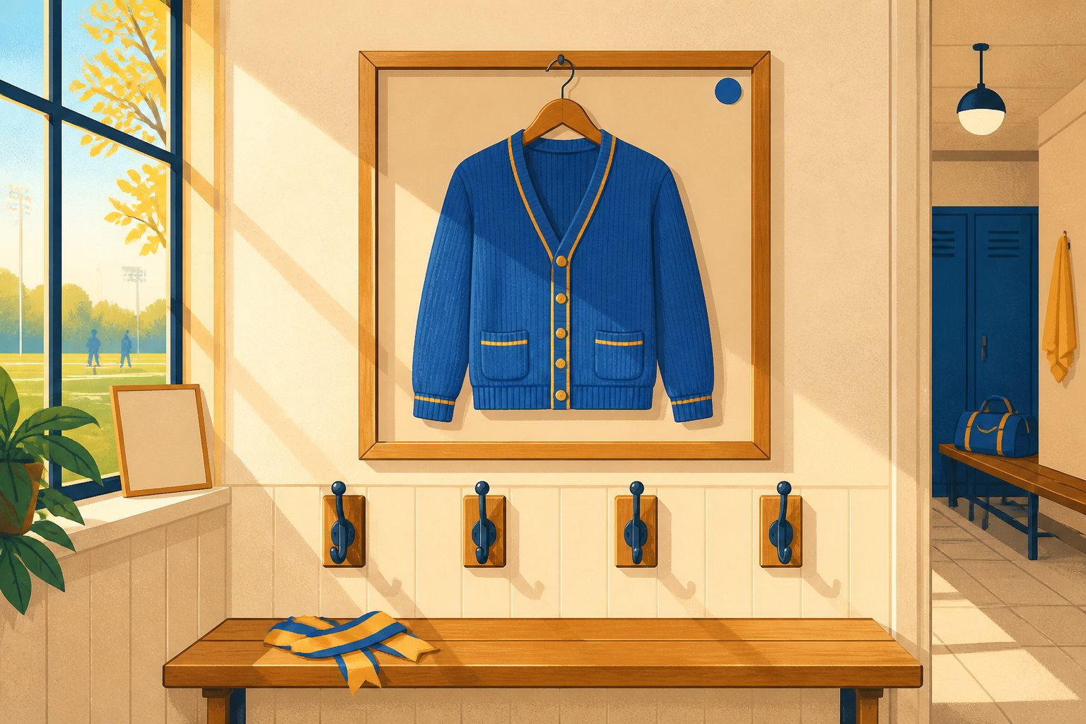 A plain blue knit cardigan sweater with gold trim hanging inside a simple wooden frame on a sunny locker-room wall, with a warm beam of light falling across it.