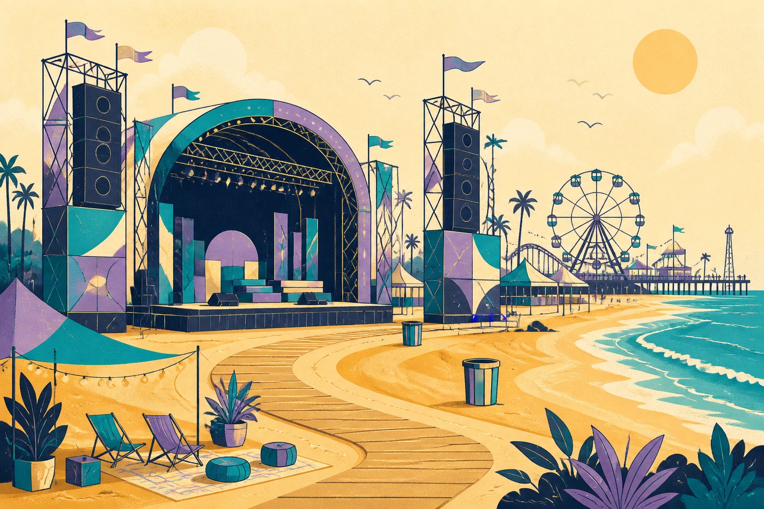 A stylized wide festival scene at Ocean City inlet beach under bright morning light with sound towers standing on sand above the high-tide watermark.