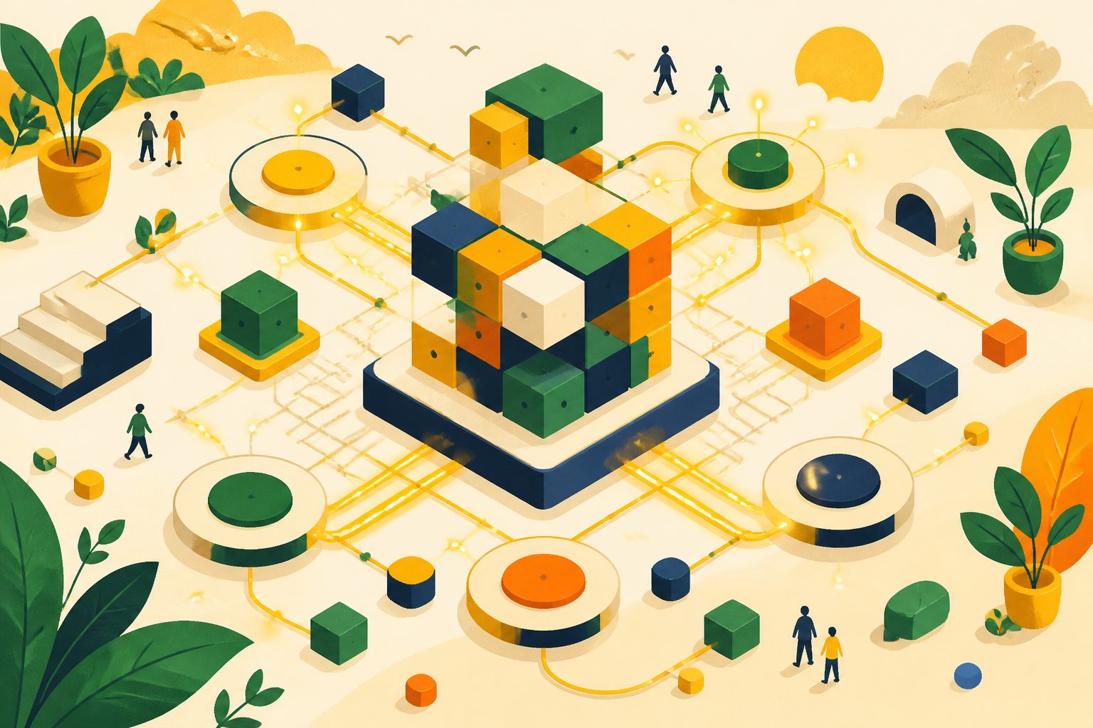 Stylized flat vector illustration of interconnected geometric nodes, modular data blocks, and luminous pathways on a warm cream surface.