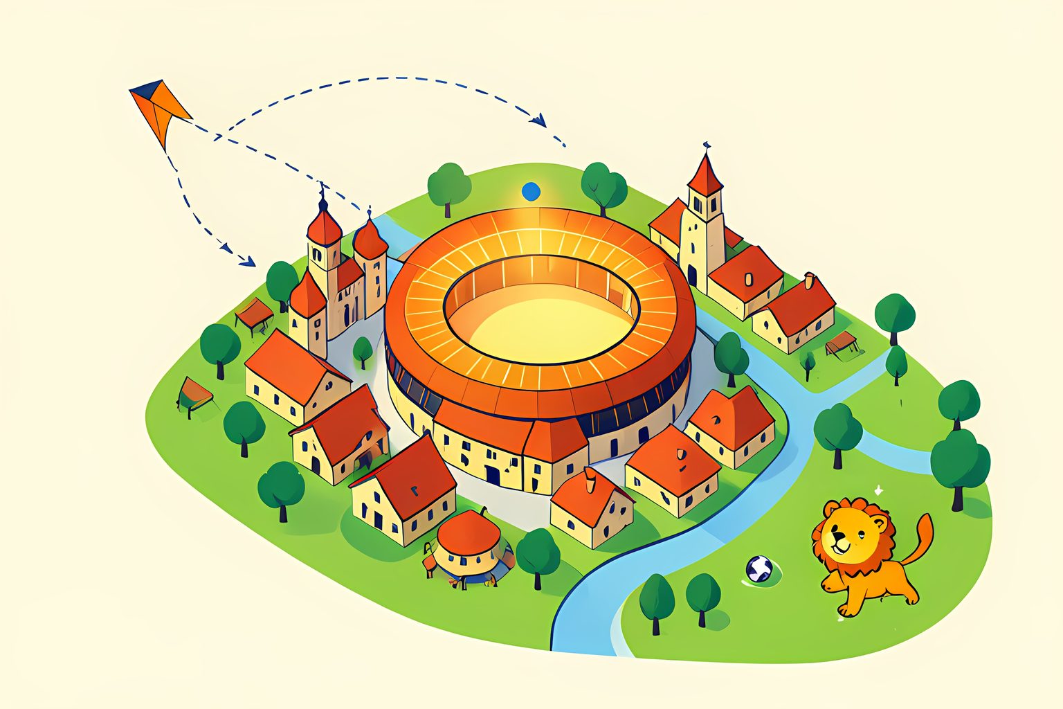 A stylized map-like view of a bright Bavarian city with a round glowing stadium at its center, church towers and river bends around it, and a small dotted flight path arcing in from the west.