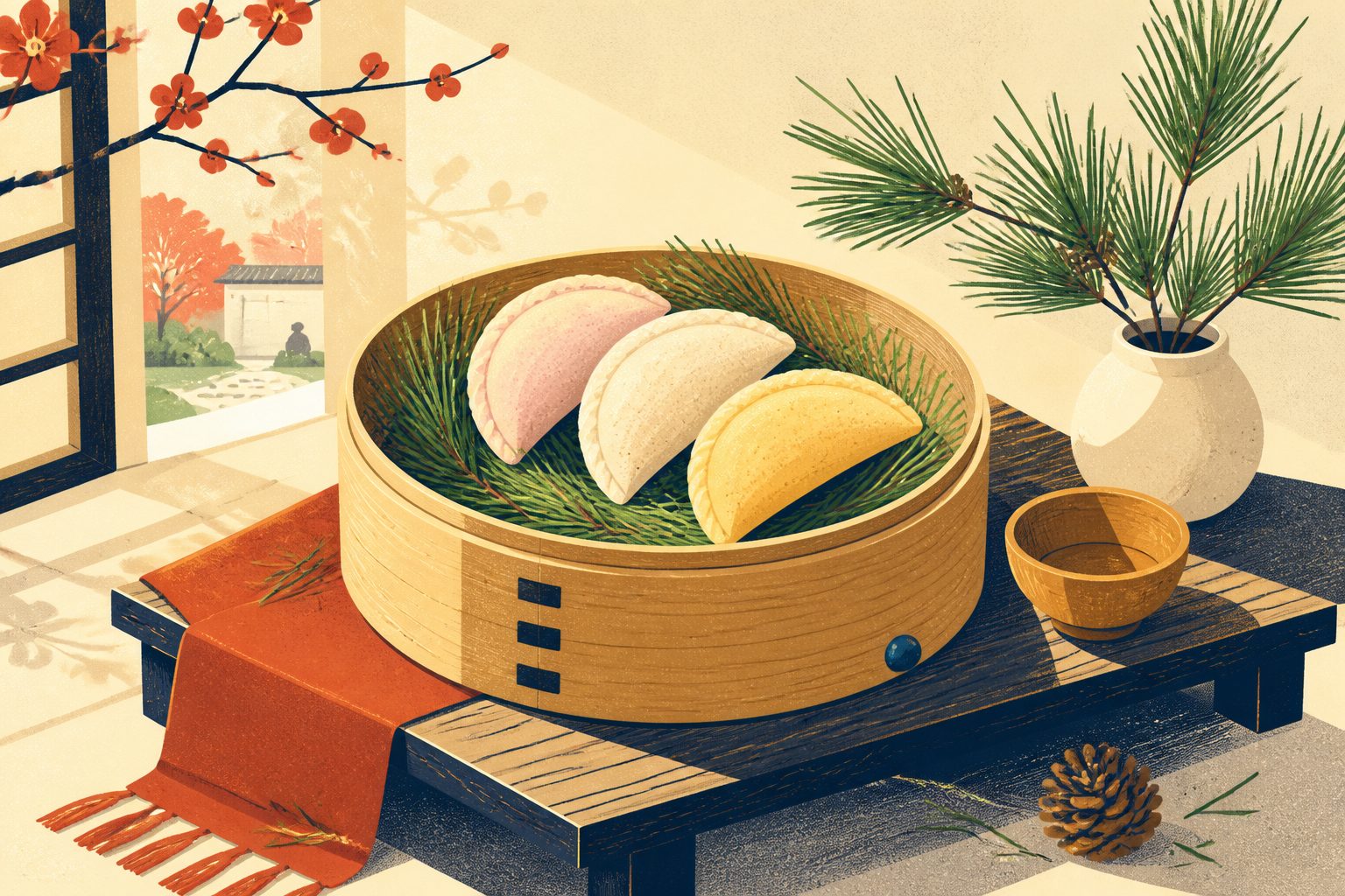 A delicate low-table still life showing a round steamer basket filled with fresh pine needles and pastel half-moon rice cakes in soft side light