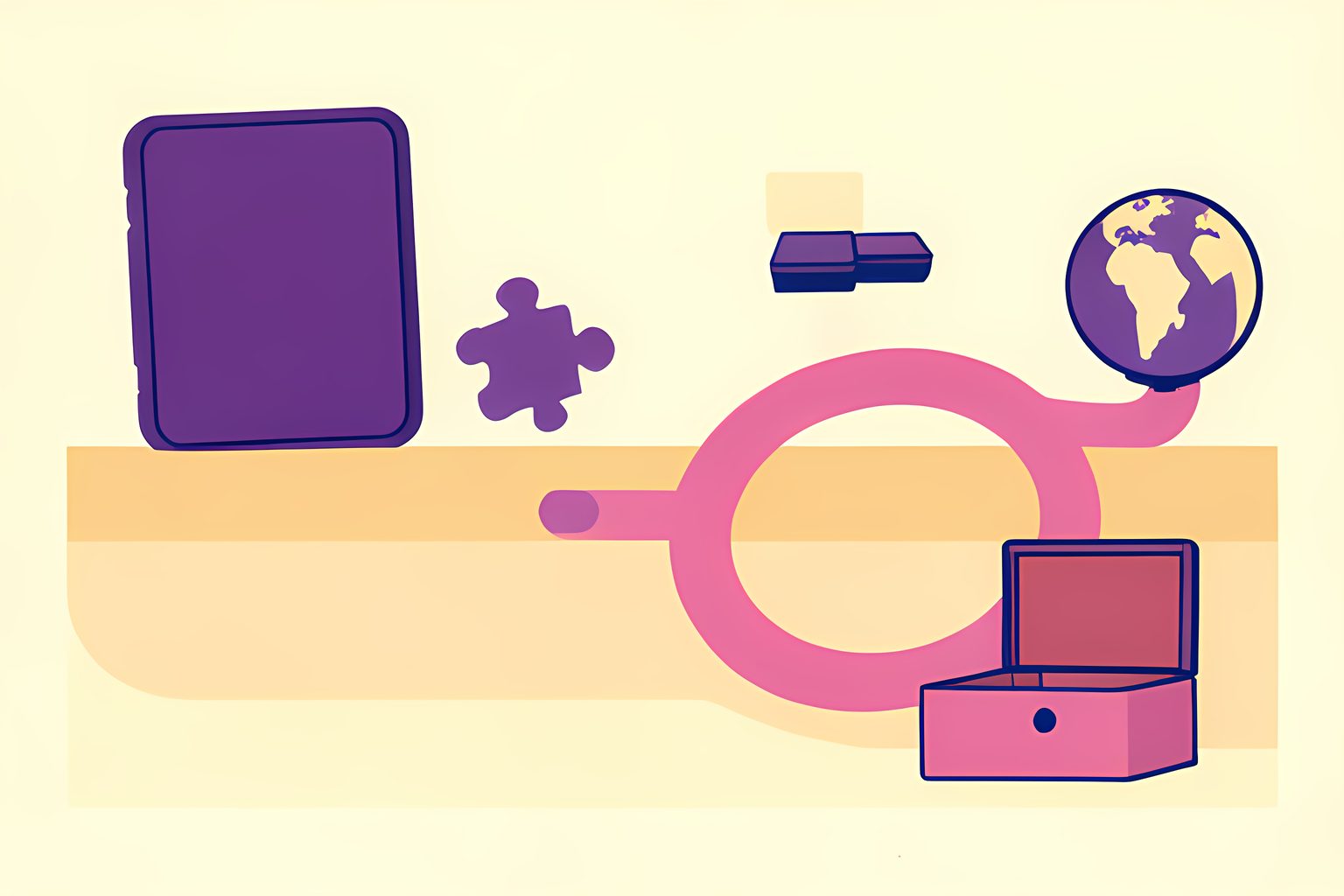 Stylized illustrated map showing a blank game case, a puzzle-piece token, a small globe and an open library drawer connected by a winding path.