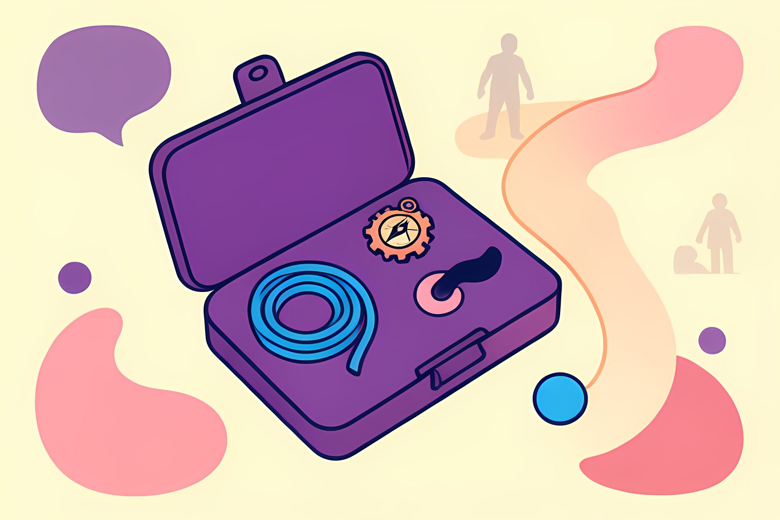 A sunny stylized workbench with five unmarked tools, a loose blue coil, and a tiny blue dot on a warm cream background.
