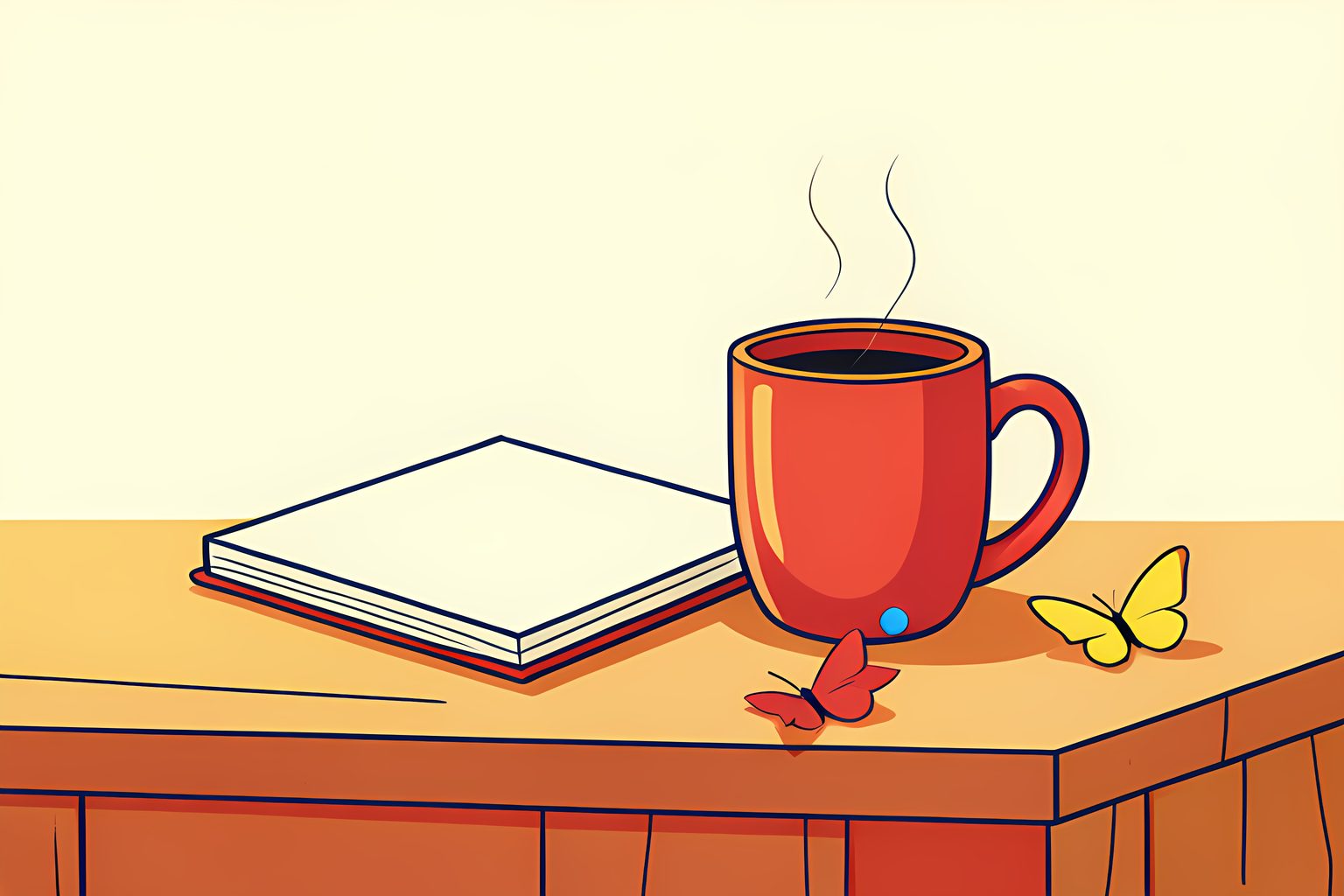 Still-life editorial illustration of an open hardcover book resting on a low wooden table beside paper butterflies and a coffee cup on warm cream.