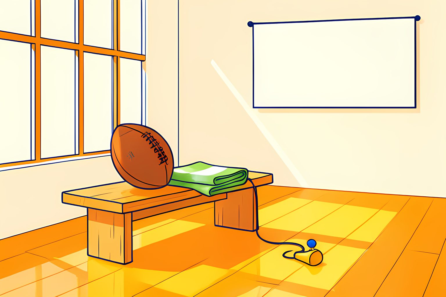 Still-life illustration of a worn leather football resting on a wooden gym bench beside a folded green-and-white towel, lit by morning sun through tall school windows.