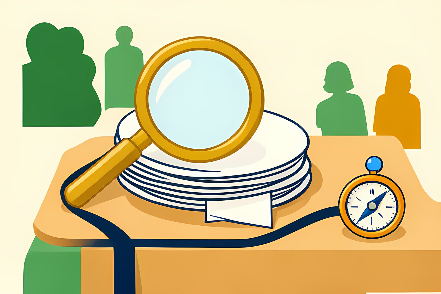A sunny text-free editorial illustration of a brass magnifying glass resting beside a stack of blank version cards, with one small blank calendar tile peeking out beneath them and a tiny blue dot.