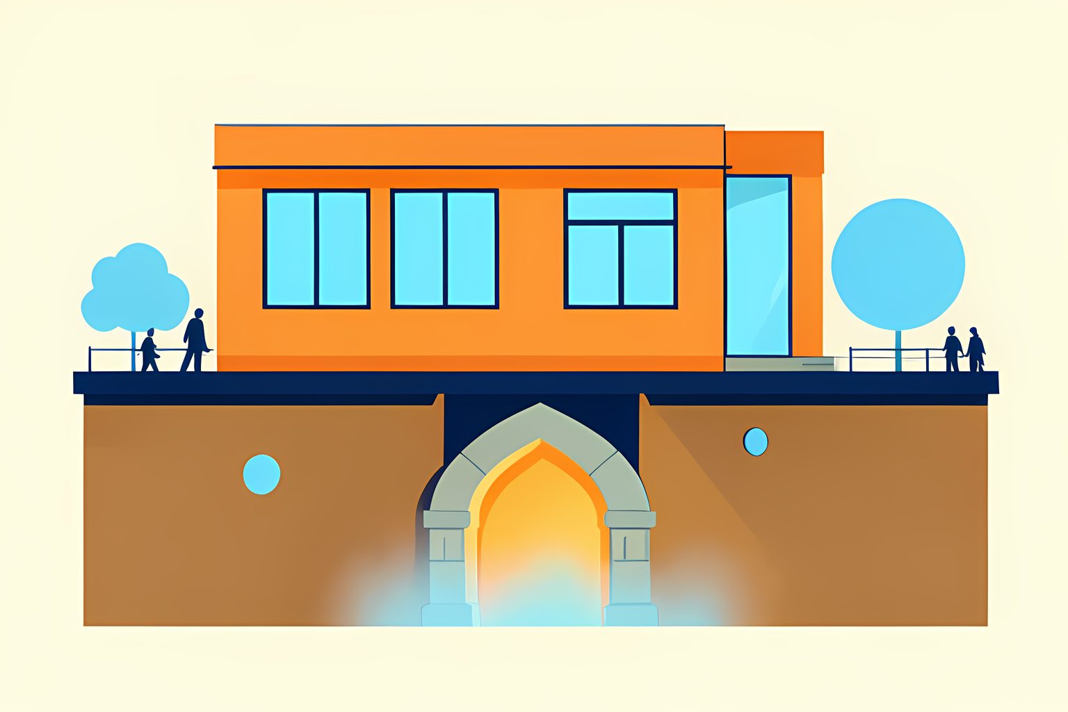 A wide scene on warm cream: an architectural cross-section showing a sunlit modern stone office building above and an ancient arched stone temple chamber glowing warmly seven meters below ground, with one tiny blue dot.