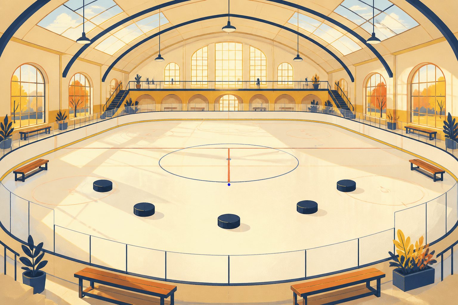 Flat editorial illustration of a sunlit ice arena seen from high above on warm cream in warm-orange and golden-yellow light, five unmarked pucks arranged in a playful crescent across a blank ice surface, with a small round blue dot near the center line.