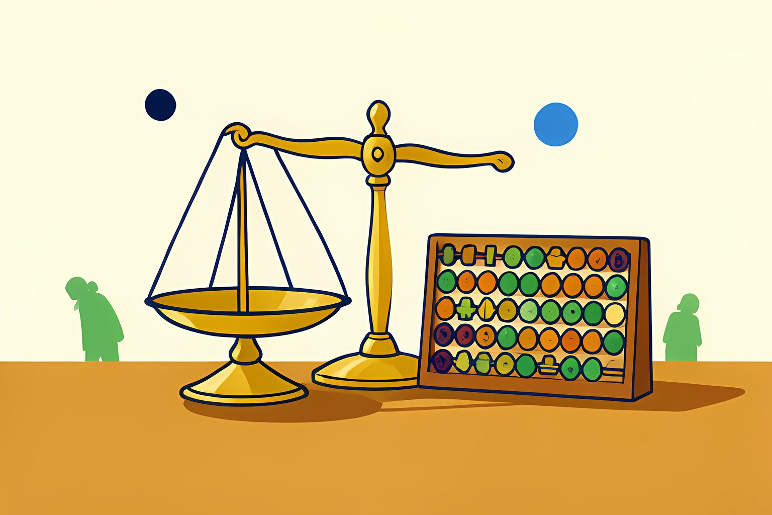 A brass antique balance scale on a wooden table beside a magnifying glass in crisp morning light with a small blue dot