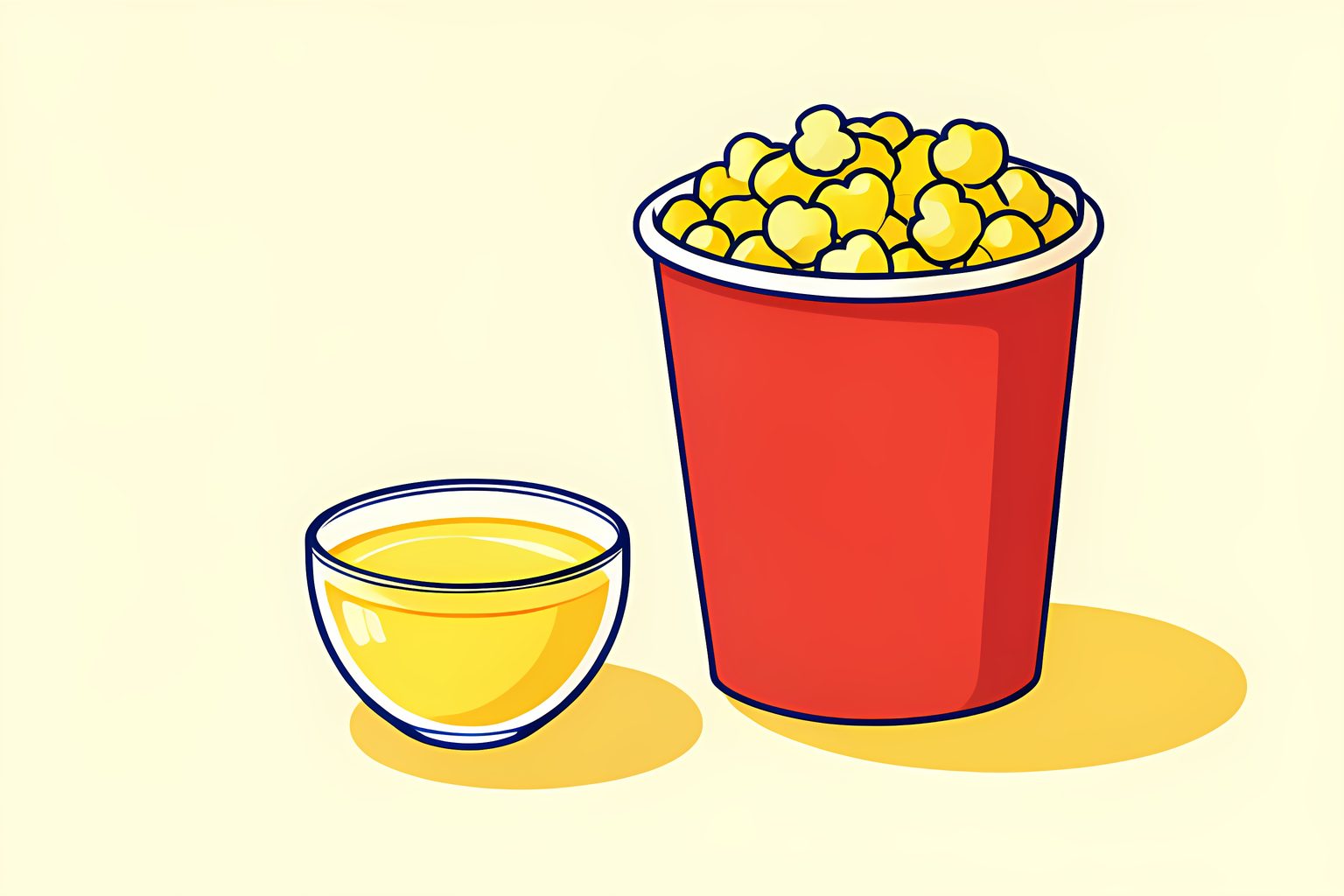 A small sealed cup of golden melted buttery topping resting beside a tall open paper popcorn bag on a warm cream table.