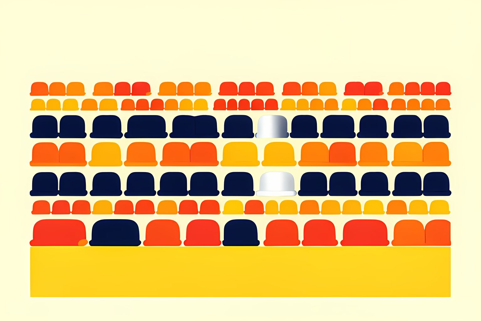A pattern of rows of small stadium seats in repeating bands of red, white and black, with one silver seat breaking the pattern.