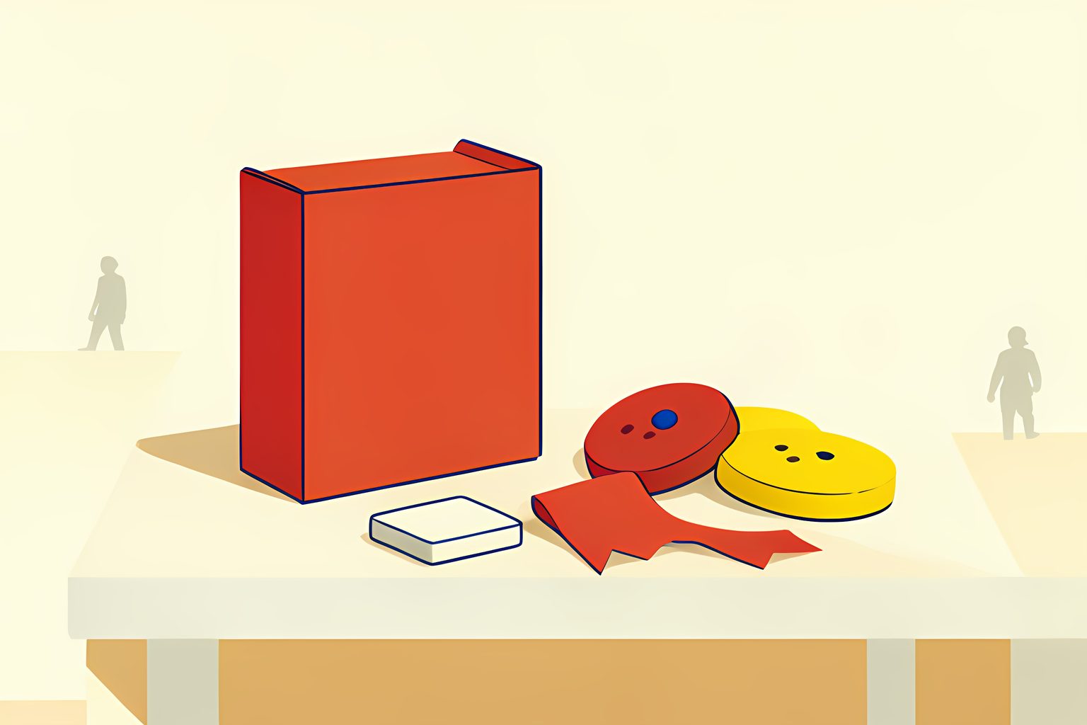 A single unmarked cookie box resting on a low table, surrounded by four small blank patches and a soft round blue dot, in tomato red and butter yellow on warm cream.