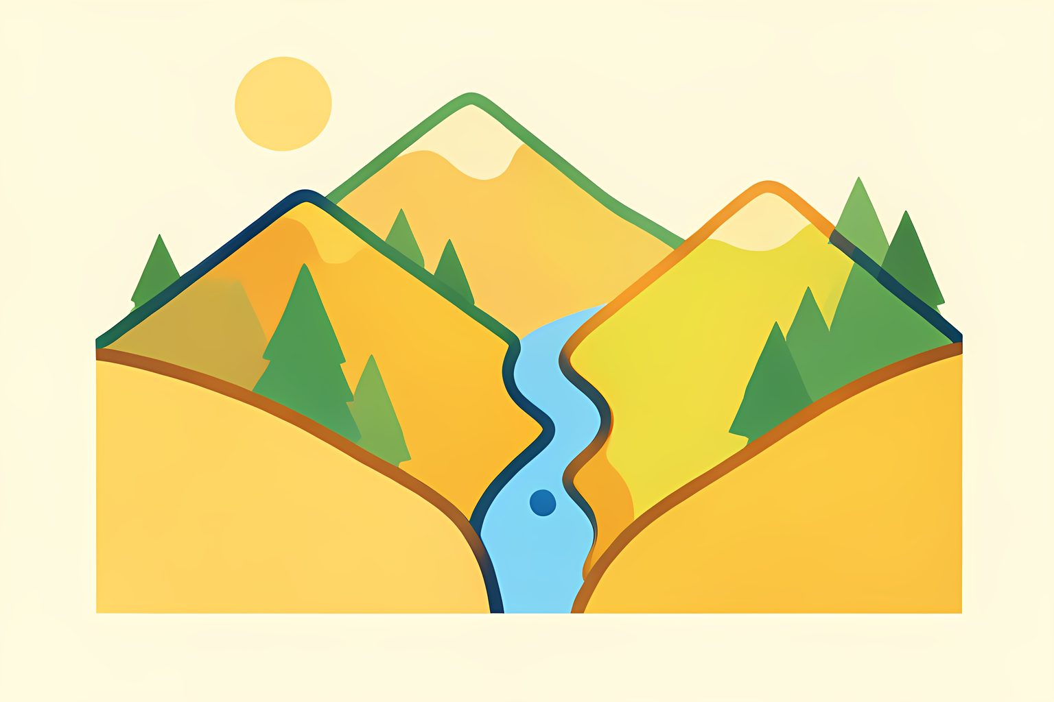 Stylized illustrated map showing golden rolling foothills and mountain ridges gently divided by curving geometric lines with a blue river on cream