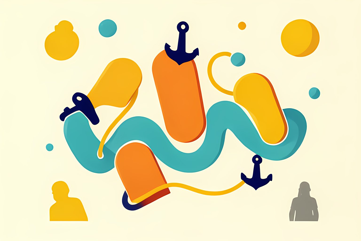 A bright, text-free, person-free abstract pool-lane diagram made from six small floating kickboards connected by curved water ripples, with one gold lane rope looping around them.