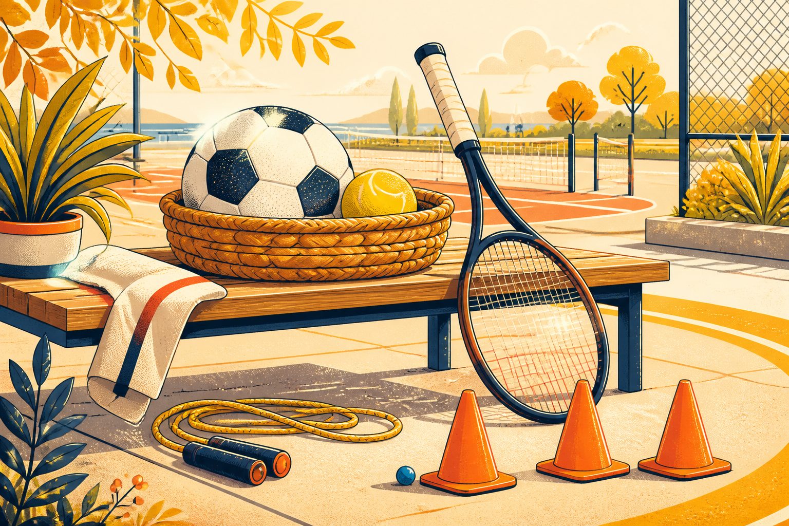 A vintage leather soccer ball resting beside a yellow tennis ball and racket on a sunlit court bench