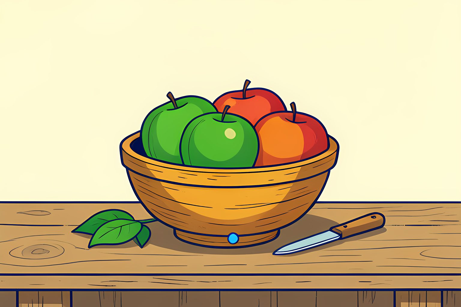 A stylized bright pattern showing repeating rows of green and red-striped Rambo apples on warm cream with one glowing golden apple and a small blue dot