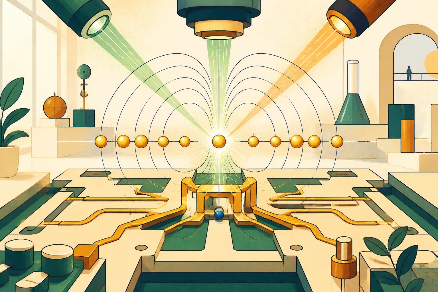Stylized flat vector illustration of a central glowing barium ion hovering gracefully inside a clean geometric vacuum chamber in golden amber and deep forest green morning light.