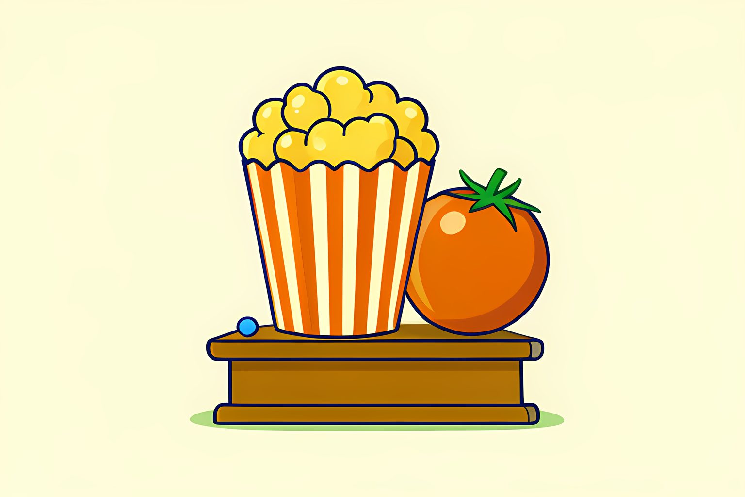 A bright visual metaphor of a striped cinema popcorn bucket and a sculpted tomato ornament on a wooden pedestal with a small blue dot
