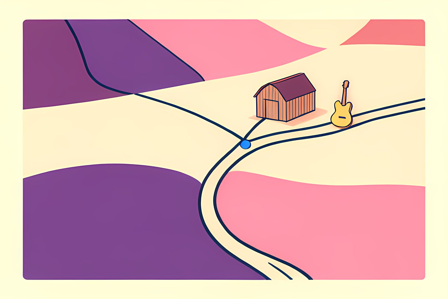 A solitary hollow-body guitar resting in a stand next to a classic wooden radio cabinet under soft dusk-pink morning light on a warm cream floor.