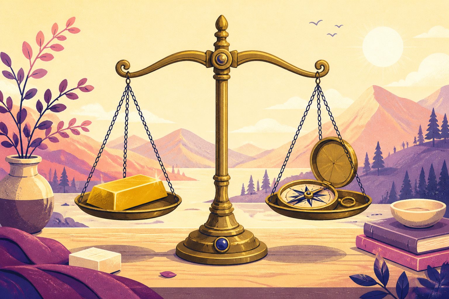 Two stylized antique balance pans holding rough gold nuggets on one side and a compass on the other under warm morning light