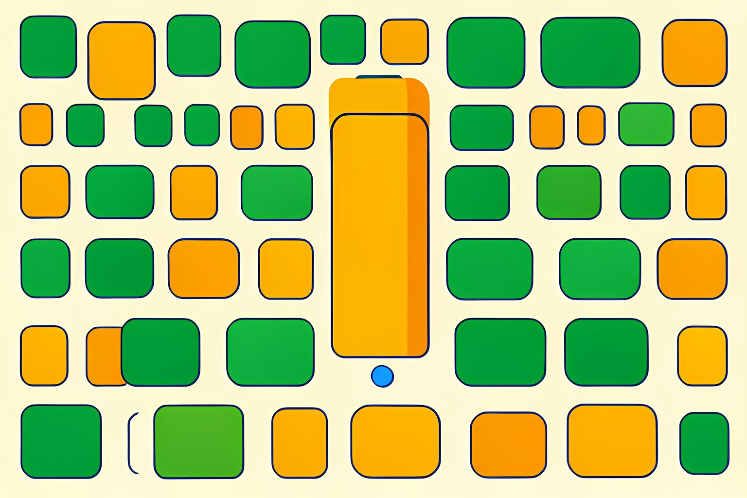 A clean geometric vector diagram showing three rising architectural pillars glowing in forest green and amber on a warm cream background