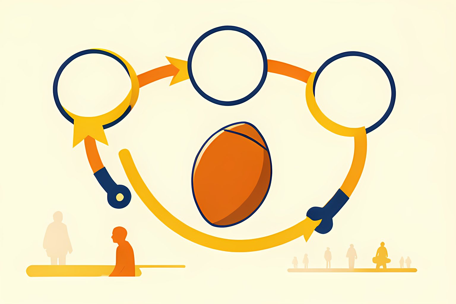 A bright, text-free abstract diagram with three blank round seals joined by gently curving paths around a small generic football, on a warm cream background with no people or logos.