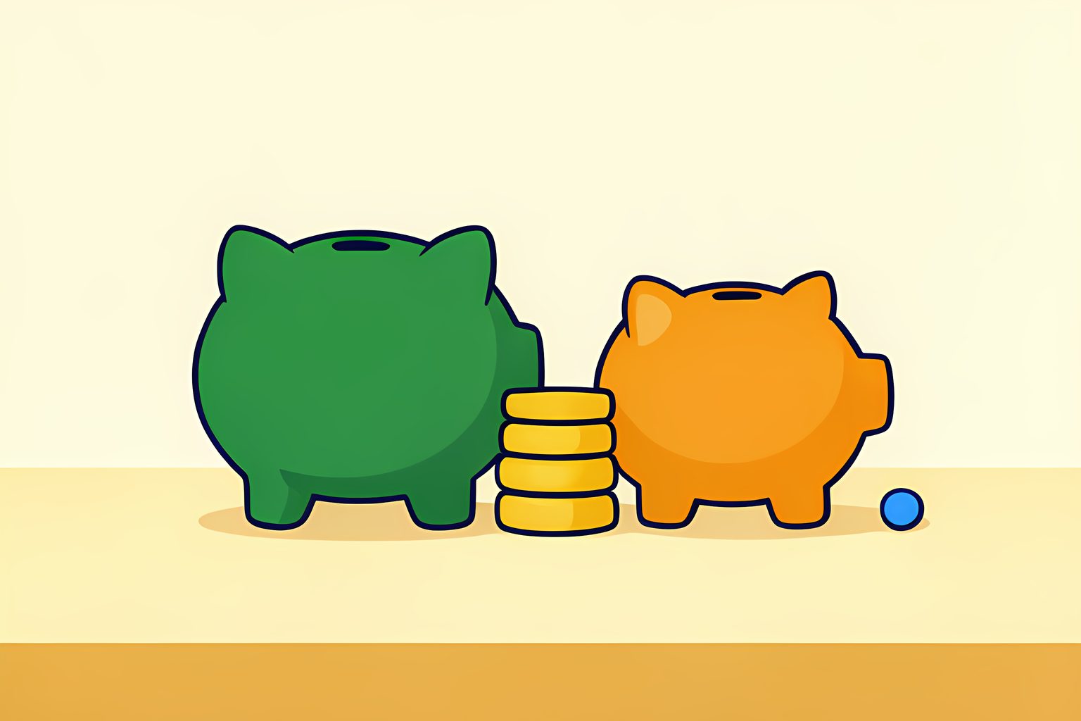 Two warm stylized ceramic piggy banks of slightly different sizes standing side by side beneath golden morning sunlight.