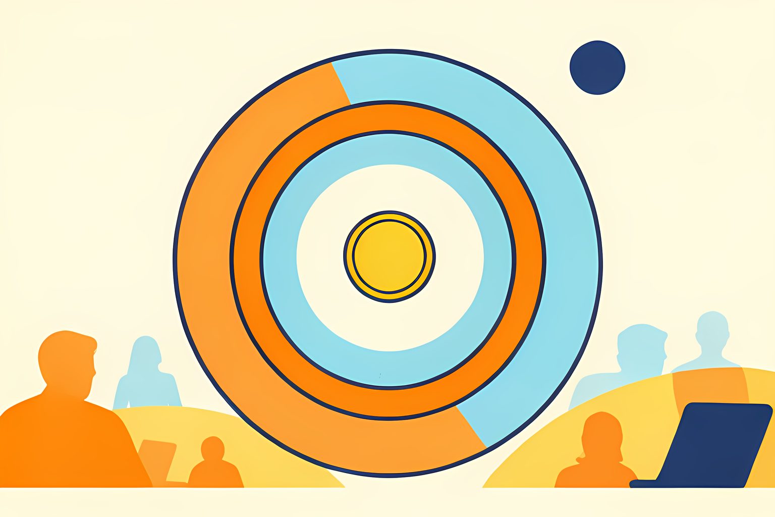 Three concentric distance rings drawn over a warm stylized map with no labels, a small sun-shaped coin in the center and one round blue dot floating at the outer edge.
