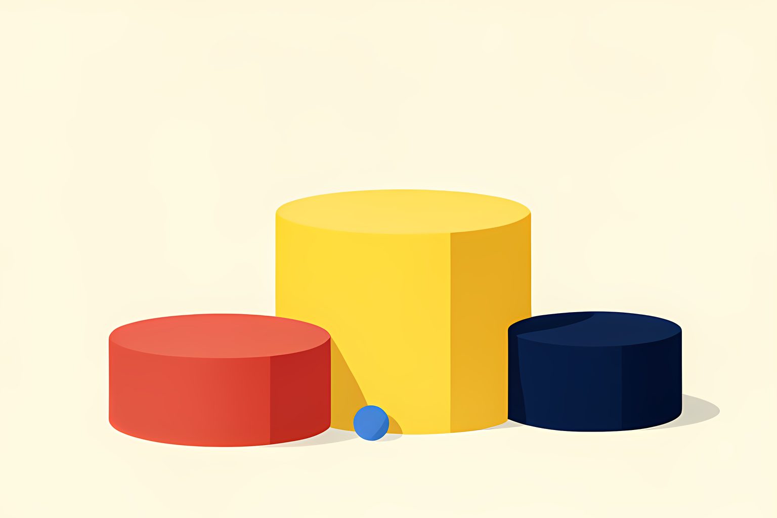 Three clean rounded geometric pedestals in soft tomato red, warm butter yellow, and ink navy arranged on warm cream in bright morning daylight.
