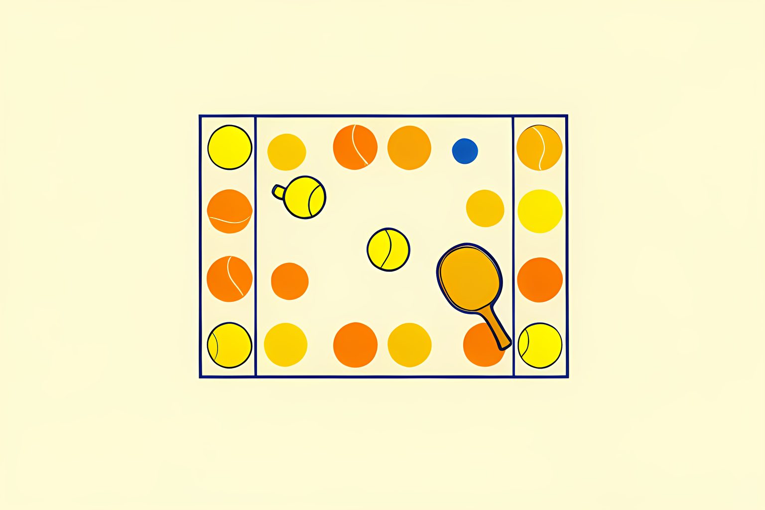 A text-free chessboard on a warm cream surface, with small yellow tennis balls arranged like chess pieces and one ball gently rolling toward a blank racquet.