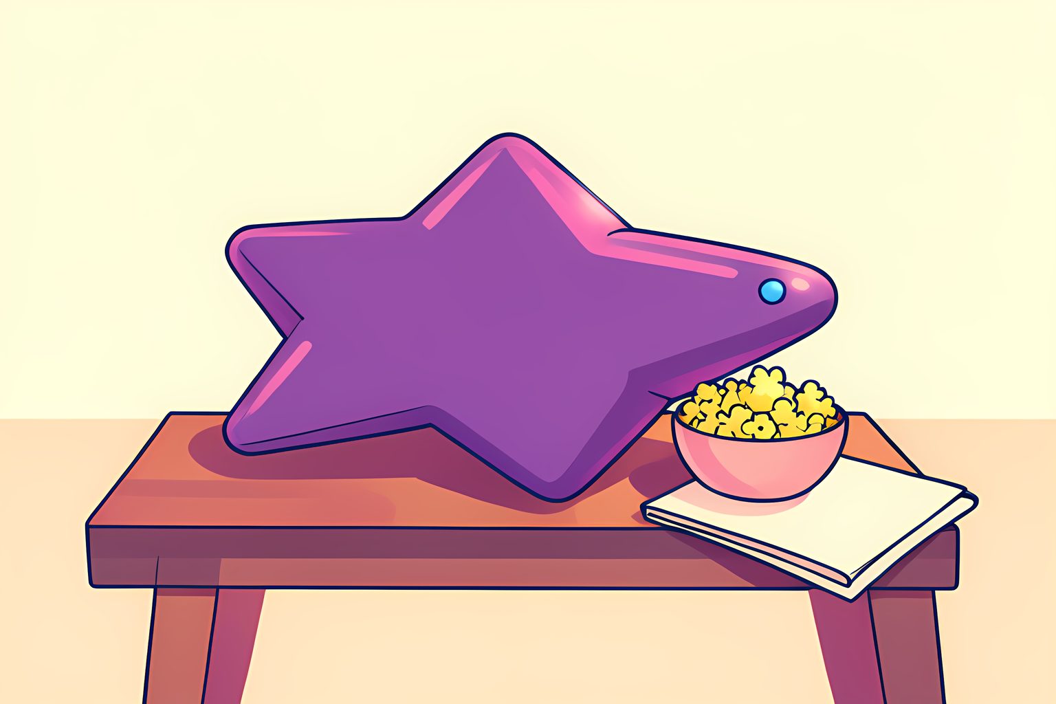 A cheerful stylized Star Trek inspired novelty popcorn vessel sitting proudly on a wooden table beside popped kernels.