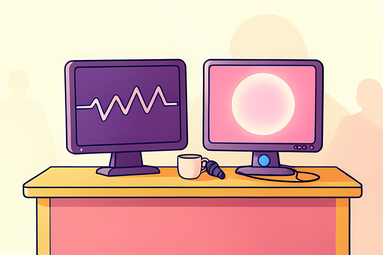 Stylized vector still life of twin broadcast studio monitors displaying audio wave patterns beside a bright coffee cup on a warm cream table.