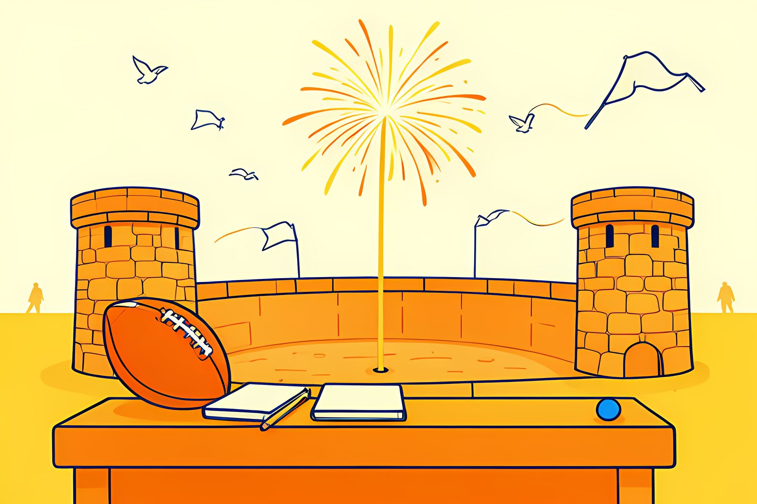 Flat editorial illustration of a bright skyrocket firework bursting in gold and orange over a sunny stone-walled college stadium, with a football resting on a plain wooden press-box ledge in the foreground and a small blue dot on the ledge.