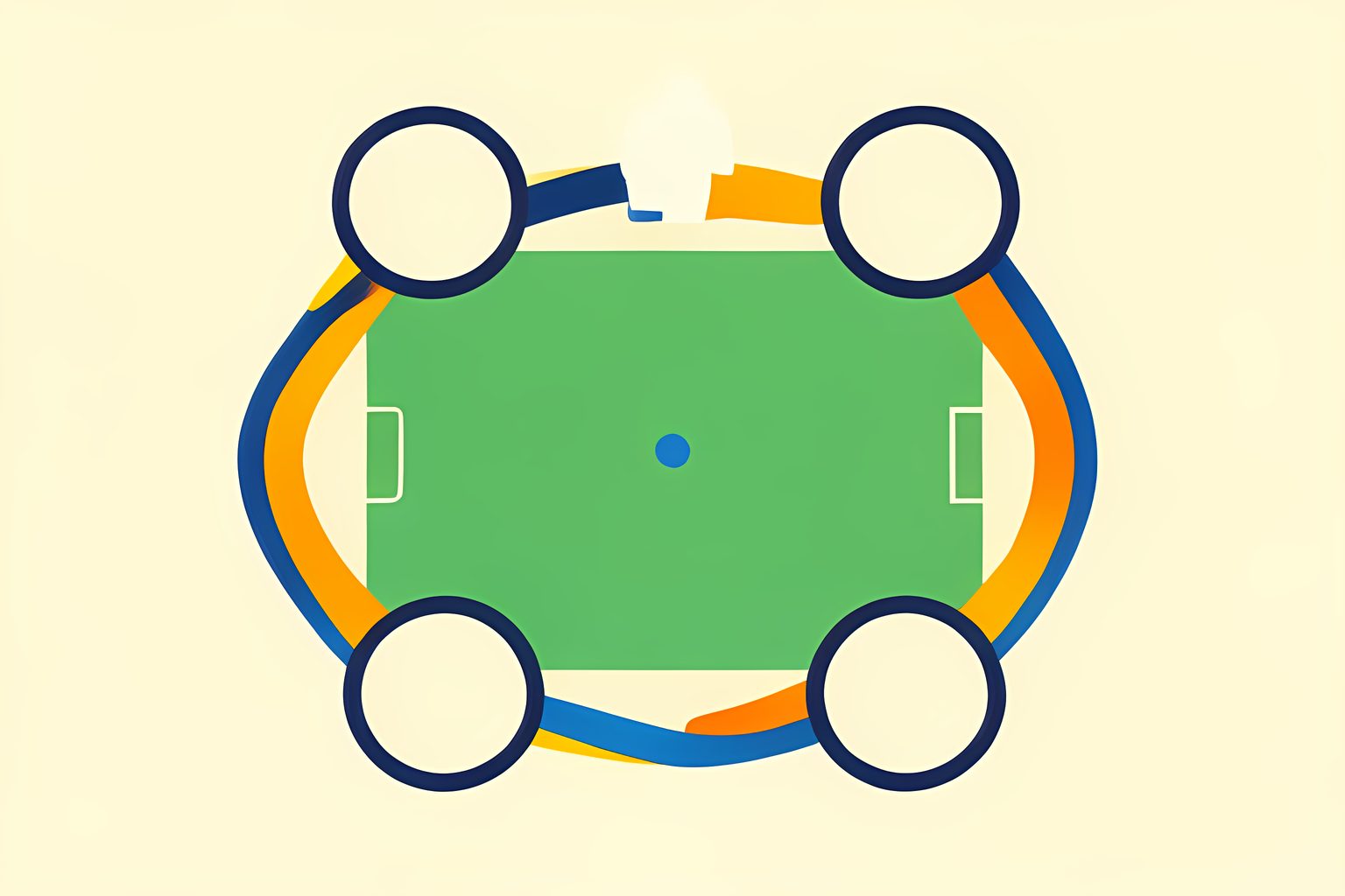 A bright, text-free abstract diagram of eight blank cream circles connected by curved orange paths around a green football pitch, with a small blue dot and no people or logos.